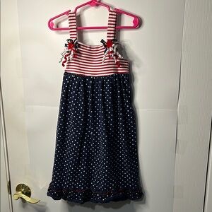 Navy Polka Dot Kids Dress with Red Stripes
